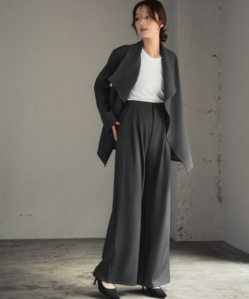 セール】ビッグカラー リボンベルト付きジャケット ワイドパンツ