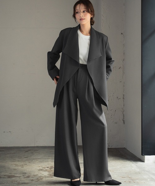 セール】ビッグカラー リボンベルト付きジャケット ワイドパンツ