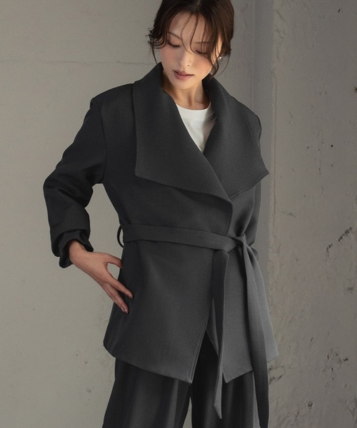 セール】ビッグカラー リボンベルト付きジャケット ワイドパンツ