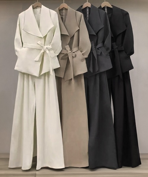 セール】ビッグカラー リボンベルト付きジャケット ワイドパンツ