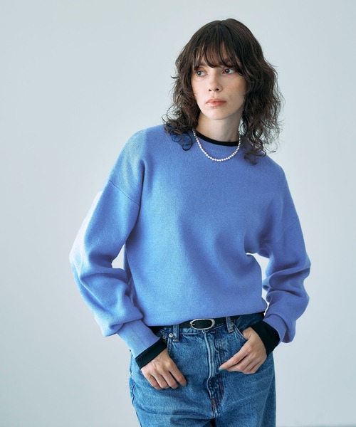 エヌワンハンドレッド　カシミヤ100%ニット　薄手　ブルー　青　プルオーバー コットンカシミヤニットプルオーバー（ニット/セーター）｜N.O.R.C