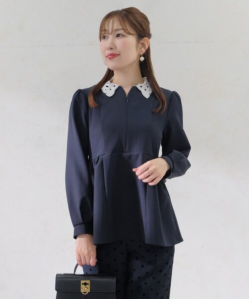 Chez toi（シェトワ）の「【MAYURI企画】付け襟フロントZIPペプラムブラウス（シャツ/ブラウス・レディース・ネイビー/ブラック・FREE）」の2枚目の写真