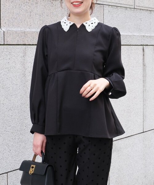 Chez toi（シェトワ）の「【MAYURI企画】付け襟フロントZIPペプラムブラウス（シャツ/ブラウス・レディース・ネイビー/ブラック・FREE）」の4枚目の写真