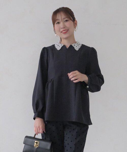 Chez toi（シェトワ）の「【MAYURI企画】付け襟フロントZIPペプラムブラウス（シャツ/ブラウス・レディース・ネイビー/ブラック・FREE）」の11枚目の写真