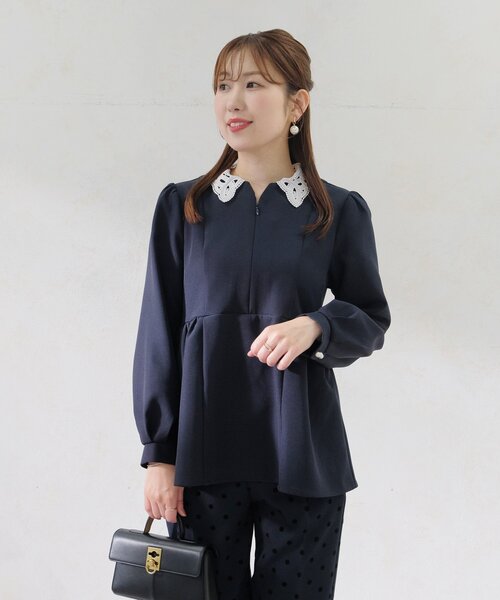 11月中旬順次発送】【MAYURI企画】付け襟フロントZIPペプラムブラウス