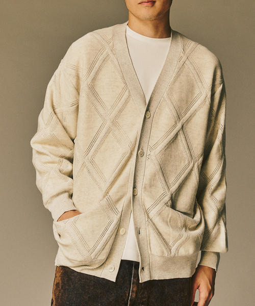 417 EDIFICE（フォーワンセブンエディフィス）の「メランジアイレットカーディガン（カーディガン/ボレロ・メンズ・ホワイト/チャコールグレー/ブラウン・MEDIUM/LARGE）」の2枚目の写真