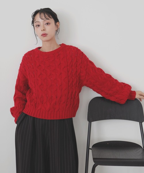 レディース ニット 赤 バルキータッチケーブルニット（ニット/セーター）｜LIAN（リアン）の