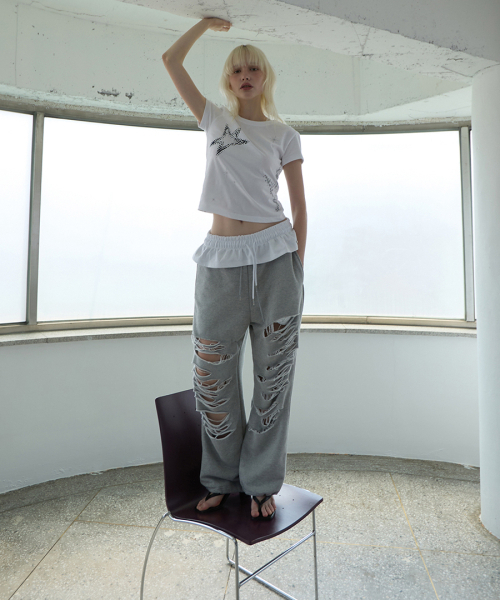 RENSE（レンセ）の「Damage Sweat Pants Melange Gray（スウェットパンツ・レディース・その他・OS）」の2枚目の写真