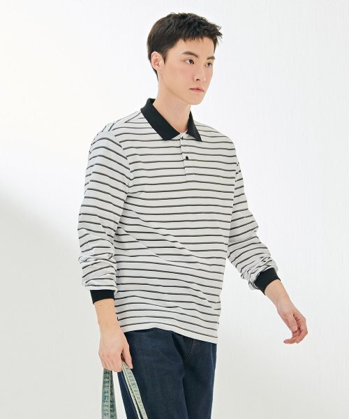 CHASECULT(チェイスカルト)の「男性ピケストライプカラー長袖Tシャツ-DARK5121B01(ポロシャツ・メンズ・ホワイト・105/95/100)」の2枚目の写真