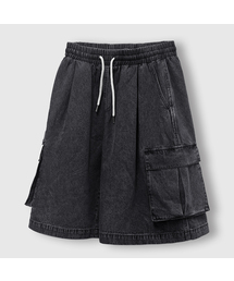 BERMUDA WIDE ONE-TUCK CARGO DENIM SHORTS [BLACK]