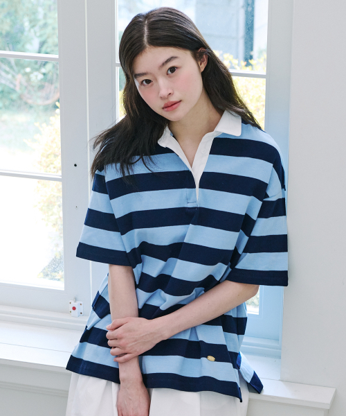 Полосатая футболка с воротником — Stripe Collar T-Shirt (голубая)