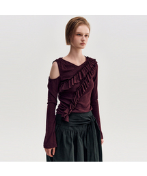 Diagonal Ruffle Jersey Top _ BURGUNDY