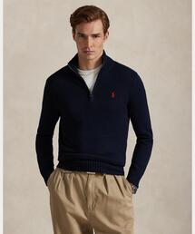 Polo ロゴ　ニットセーター ベージュ/ブルー ケーブルニット コットン フルジップ セーター （ニット・セーター