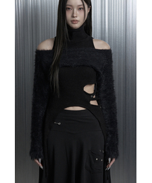 Cut-Out Halter Bolero Layered Knit Top Set (Black)