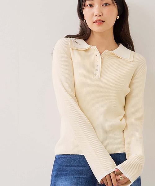 VIS（ビス）の「ダブルカラーポロニットトップス（ニット/セーター・レディース・ライトグレー/チャコールグレー/オフホワイト・FREE）」の2枚目の写真