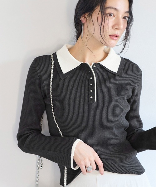 VIS（ビス）の「ダブルカラーポロニットトップス（ニット/セーター・レディース・ライトグレー/チャコールグレー/オフホワイト・FREE）」の3枚目の写真