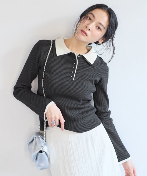 VIS（ビス）の「ダブルカラーポロニットトップス（ニット/セーター・レディース・ライトグレー/チャコールグレー/オフホワイト・FREE）」の12枚目の写真