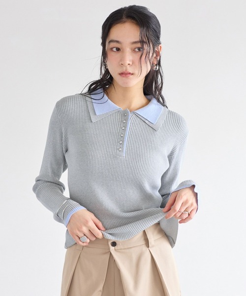 VIS（ビス）の「ダブルカラーポロニットトップス（ニット/セーター・レディース・ライトグレー/チャコールグレー/オフホワイト・FREE）」の17枚目の写真