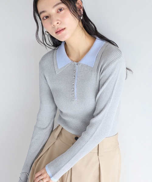 VIS（ビス）の「ダブルカラーポロニットトップス（ニット/セーター・レディース・ライトグレー/チャコールグレー/オフホワイト・FREE）」の19枚目の写真