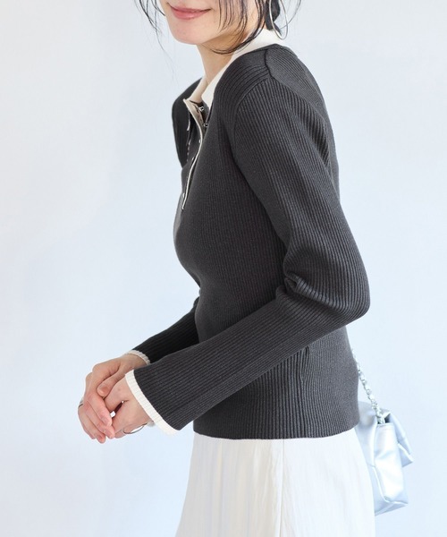 VIS（ビス）の「ダブルカラーポロニットトップス（ニット/セーター・レディース・ライトグレー/チャコールグレー/オフホワイト・FREE）」の15枚目の写真