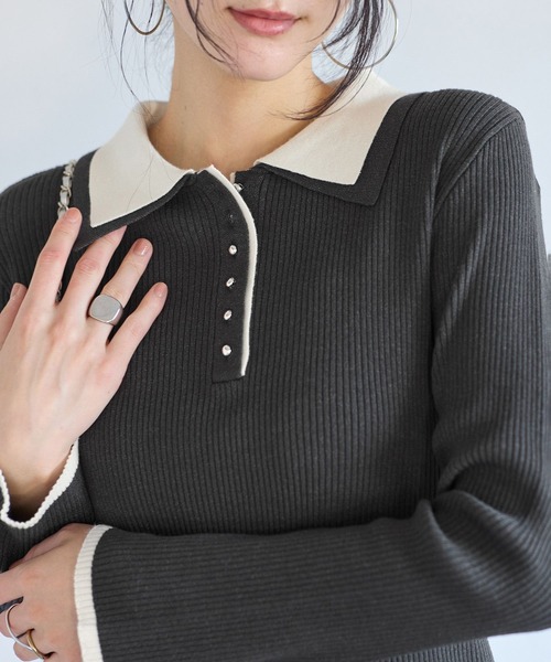 VIS（ビス）の「ダブルカラーポロニットトップス（ニット/セーター・レディース・ライトグレー/チャコールグレー/オフホワイト・FREE）」の14枚目の写真