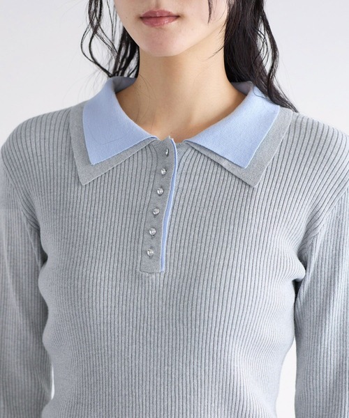 VIS（ビス）の「ダブルカラーポロニットトップス（ニット/セーター・レディース・ライトグレー/チャコールグレー/オフホワイト・FREE）」の4枚目の写真