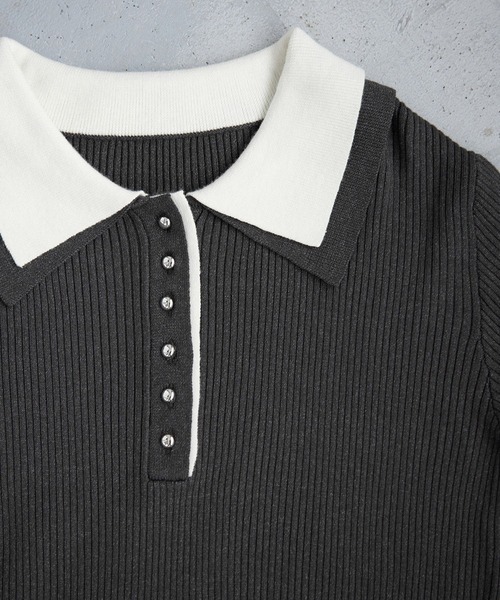 VIS（ビス）の「ダブルカラーポロニットトップス（ニット/セーター・レディース・ライトグレー/チャコールグレー/オフホワイト・FREE）」の8枚目の写真
