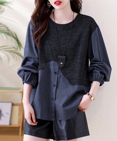 ONEP STAR(ワンピスター)の「シャツ×ニット異素材切替トップス(シャツ/ブラウス・レディース・ネイビー・MEDIUM/LARGE/X-LARGE)」の1枚目の写真