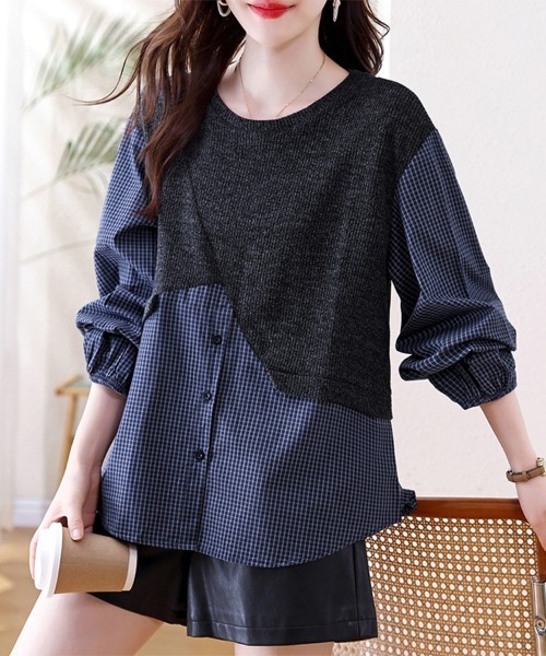 ONEP STAR(ワンピスター)の「シャツ×ニット異素材切替トップス(シャツ/ブラウス・レディース・ネイビー・MEDIUM/LARGE/X-LARGE)」の10枚目の写真