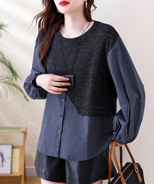 ONEP STAR(ワンピスター)の「シャツ×ニット異素材切替トップス(シャツ/ブラウス・レディース・ネイビー・MEDIUM/LARGE/X-LARGE)」の11枚目の写真