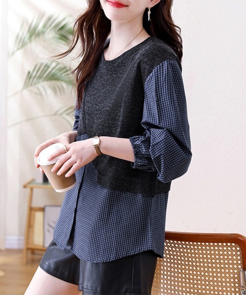 ONEP STAR(ワンピスター)の「シャツ×ニット異素材切替トップス(シャツ/ブラウス・レディース・ネイビー・MEDIUM/LARGE/X-LARGE)」の12枚目の写真