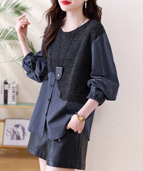 ONEP STAR(ワンピスター)の「シャツ×ニット異素材切替トップス(シャツ/ブラウス・レディース・ネイビー・MEDIUM/LARGE/X-LARGE)」の13枚目の写真