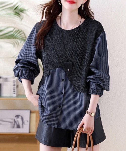 ONEP STAR(ワンピスター)の「シャツ×ニット異素材切替トップス(シャツ/ブラウス・レディース・ネイビー・MEDIUM/LARGE/X-LARGE)」の4枚目の写真