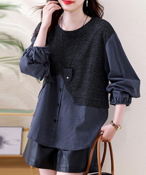 ONEP STAR(ワンピスター)の「シャツ×ニット異素材切替トップス(シャツ/ブラウス・レディース・ネイビー・MEDIUM/LARGE/X-LARGE)」の5枚目の写真