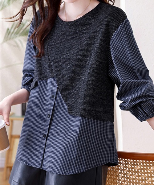 ONEP STAR(ワンピスター)の「シャツ×ニット異素材切替トップス(シャツ/ブラウス・レディース・ネイビー・MEDIUM/LARGE/X-LARGE)」の6枚目の写真