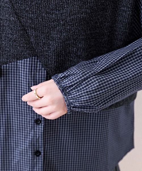ONEP STAR(ワンピスター)の「シャツ×ニット異素材切替トップス(シャツ/ブラウス・レディース・ネイビー・MEDIUM/LARGE/X-LARGE)」の9枚目の写真