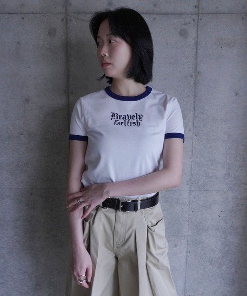 G.V.G.V.(ジーヴィージーヴィー)の「EMBROIDERY RINGER TEE(Tシャツ/カットソー・レディース・ネイビー/ベージュ/ホワイト・ONE SIZE)」の1枚目の写真