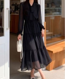 ドットジャガード リボン使いティアードシフォンワンピース