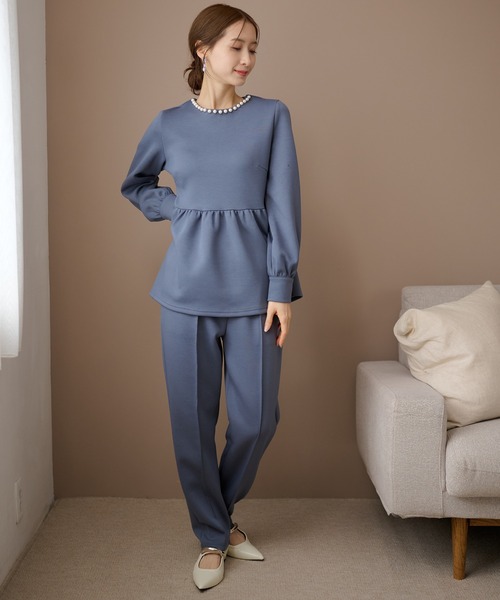 セール】クルーネック パール ペプラム ジャージー セットアップ