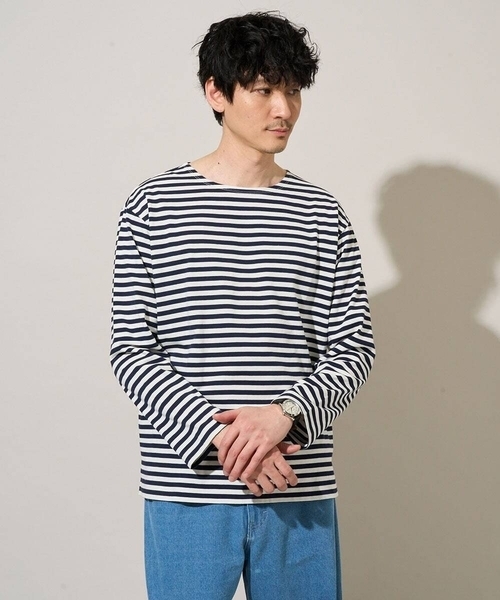 a.v.v（アーヴェヴェ）の「春のレイヤードコーデに欠かせない人気アイテム【洗濯機で洗える】ベーシックボーダー（Tシャツ/カットソー・メンズ・ネイビー・48/46）」の5枚目の写真