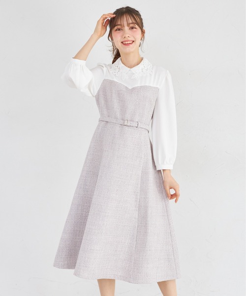 tocco closet(トッコ クローゼット)の「フラワーレース襟付きツイードドッキングワンピース(ワンピース・レディース・グレー/オフホワイト・M)」の2枚目の写真
