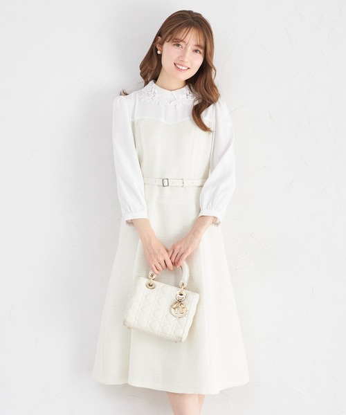 tocco closet(トッコ クローゼット)の「フラワーレース襟付きツイードドッキングワンピース(ワンピース・レディース・グレー/オフホワイト・M)」の1枚目の写真