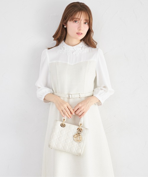 tocco closet(トッコ クローゼット)の「フラワーレース襟付きツイードドッキングワンピース(ワンピース・レディース・グレー/オフホワイト・M)」の6枚目の写真