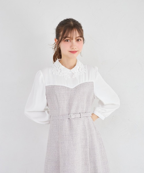 tocco closet(トッコ クローゼット)の「フラワーレース襟付きツイードドッキングワンピース(ワンピース・レディース・グレー/オフホワイト・M)」の14枚目の写真