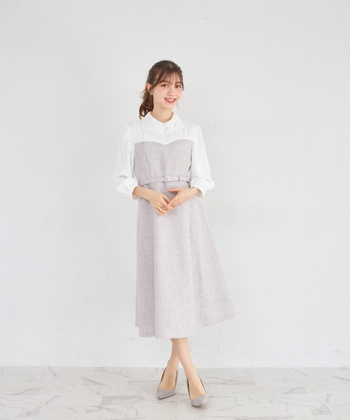 tocco closet(トッコ クローゼット)の「フラワーレース襟付きツイードドッキングワンピース(ワンピース・レディース・グレー/オフホワイト・M)」の9枚目の写真