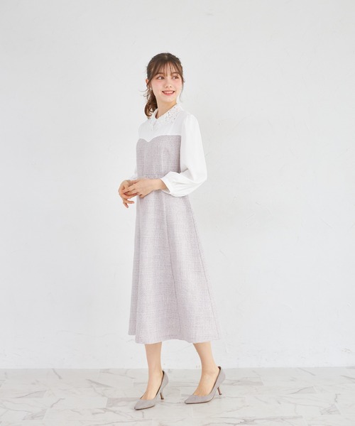 tocco closet(トッコ クローゼット)の「フラワーレース襟付きツイードドッキングワンピース(ワンピース・レディース・グレー/オフホワイト・M)」の10枚目の写真