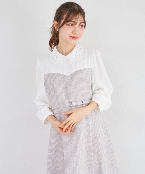 tocco closet(トッコ クローゼット)の「フラワーレース襟付きツイードドッキングワンピース(ワンピース・レディース・グレー/オフホワイト・M)」の13枚目の写真