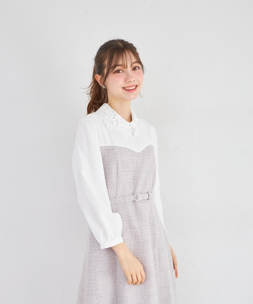 tocco closet(トッコ クローゼット)の「フラワーレース襟付きツイードドッキングワンピース(ワンピース・レディース・グレー/オフホワイト・M)」の15枚目の写真