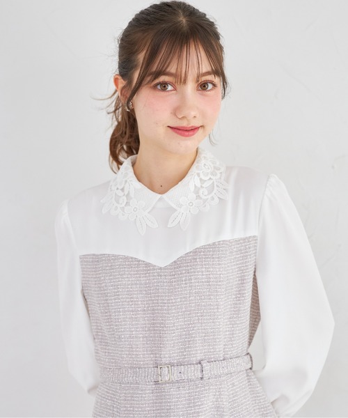 tocco closet(トッコ クローゼット)の「フラワーレース襟付きツイードドッキングワンピース(ワンピース・レディース・グレー/オフホワイト・M)」の16枚目の写真