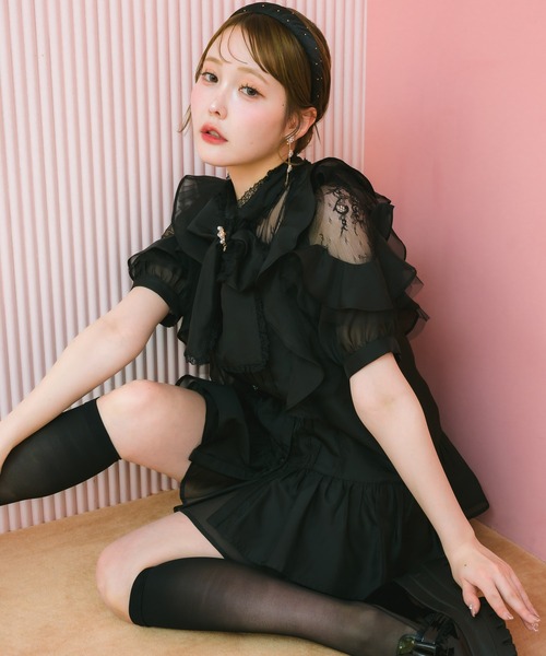 couture BY ROJITA(クチュールバイロジータ)の「【セットアップ対応】シアーチュニックブラウス(シャツ/ブラウス・レディース・ピンクベージュ/ブラック/ブルー/マルチ・FREE)」の6枚目の写真